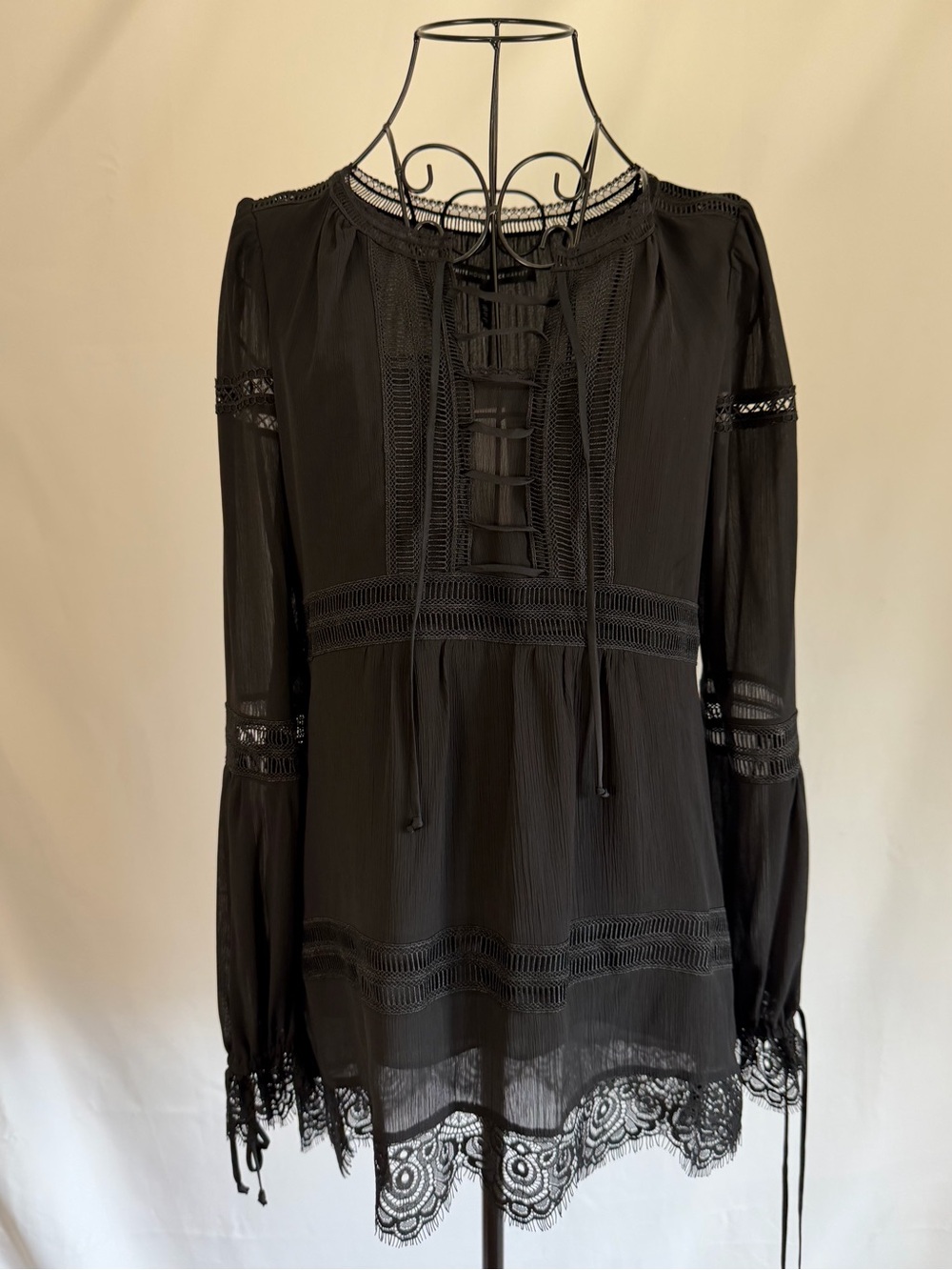 White House Black Market Black Lace-Trim Tie-Neck Tunic